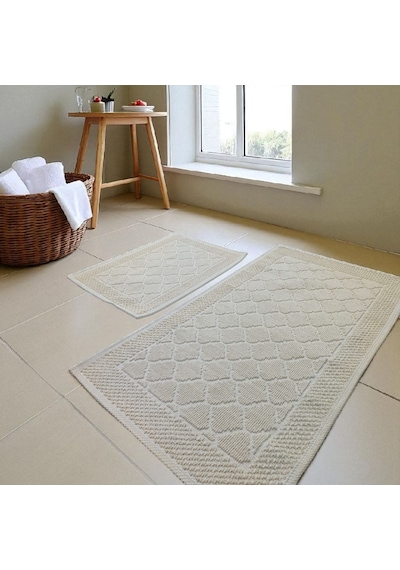 Banyo Pamuk Paspas Seti, Kaymaz Taban, Şık Ve Dayanıklı 60x100 / 60x50 Ölçülerinde Krem