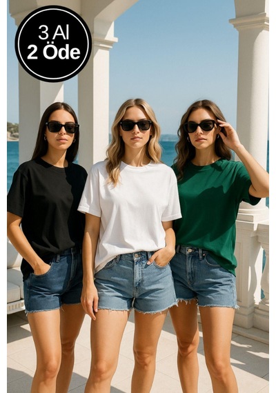 Kadın 3'lü Paket Yeşil-beyaz-siyah %100 Pamuk Oversize Basic Tişört Bisiklet Yaka Relaxed T-shirt Çok Renkli