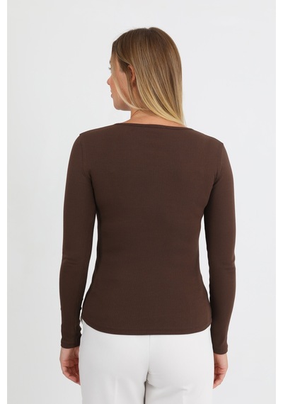 Hdm Kadın Kahverengi Uzun Kollu Fitilli Patlı Çıtçıtlı Basic Örme Bluz - H6172