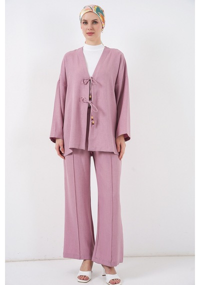 Bigdart Kadın Keten Kimono İkili Takım 6727 - Gülkurusu