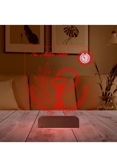 Luvivia Eczacı Hediye Eczane Logolu Kişiye Özel Metal Saatli 3d Lamba - Masa Gece Lambası Şeffaf