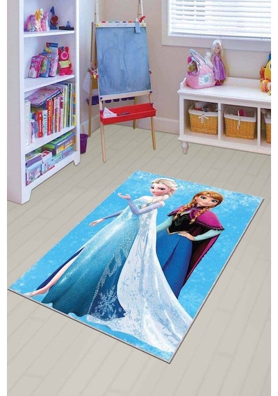 Turkuaz Kaymaz Tabanlı Elsa Frozen Kız Çocuk Halısı Ar078n11