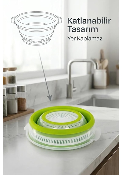 Katlanabilir Salata Kurutucu - Süzgeç Ve Kase Seti - 3'ü 1 Arada 4.5 Litre Yeşil Diğer