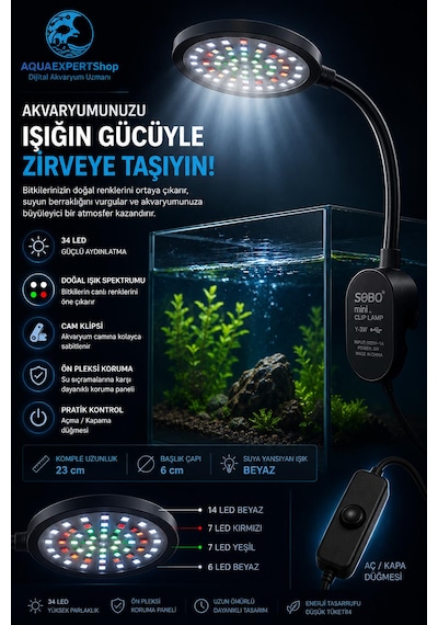 Sobo Usb Akvaryum Işığı - Balık Işığı - Bitki Işığı - 34 Led - Y-3w - Güçlü Aydınlatma - Üstün Performans - 23 Cm - Siyah