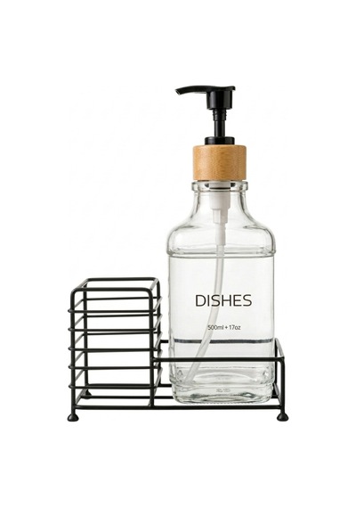 Makri Home Metal Stantlı Bambu Kapaklı Cam Sıvı Sabunluk/deterjanlık, 500 Ml, 15 8,5 23 Cm Şeffaf