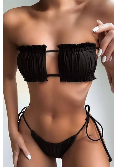 Fırfırlı Brazilian Bikini - Siyah Siyah