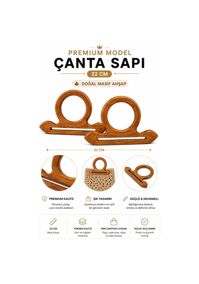 Vollen Yarn Doğal Masif Ahşap Premium Çanta Sapı 22 Cm 1 Çift 2 Adet El Yapımı Çanta Kulpu Çanta Aksesuarı Bej