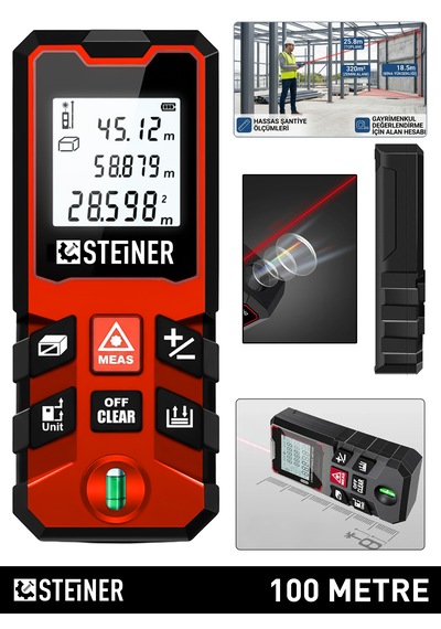 Steiner 100 Metre Su Terazili Uzunluk Alan Hacim Pisagor Ölçüm Cihazı Dijital Mesafe Ölçer Lazer Metre Kırmızı