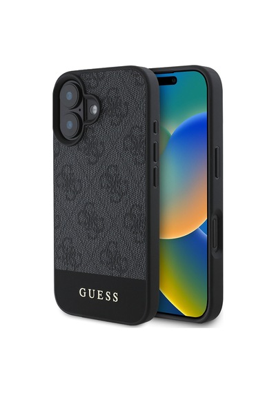 Apple iPhone 16 Uyumlu Kılıf Guess Lisanslı Magsafe Şarj Özellikli Pu Deri Şerit Logo Dizaynlı Siyah