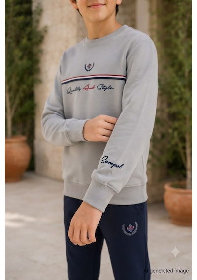 Pina Kids Erkek Çocuk İki İplik Şeritli Baskılı Beli Lastikli Eşofman Takımı Esf7030 Bej - Siyah