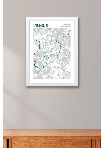 Vilnius Litvanya Haritası Çerçeveli Tablo Lüks Salon Ofis Duvar Dekorasyonu Hediyelik Tablo Beyaz