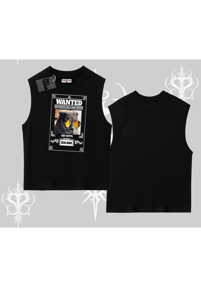 Tarzsokak Wanted Temalı Kedi Baskılı Kolsuz Tshirt Siyah