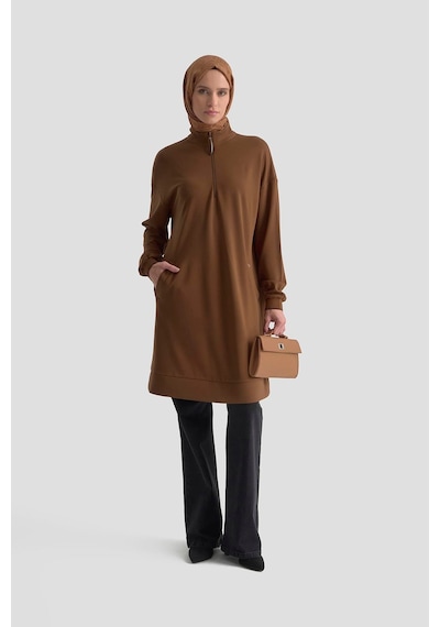 Armine Trend Yarım Fermuarlı Kolları Ribanalı Cepli Örme Tunik Taba 25kt461 Taba