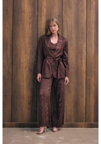 Sateen Yüksek Bel Desenli Pantolon - Kahve-136424 Kahve