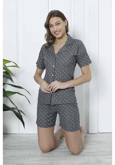 Wordex Mirano 1201 Pegasus Kumaş Düğmeli Şortlu Likralı Kadın Pijama Takımı Füme