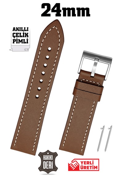 24mm Açık Kahverengi Taba Beyaz Dikişli Spor Hakiki Deri Saat Kordonu Kayış Akıllı Pimli