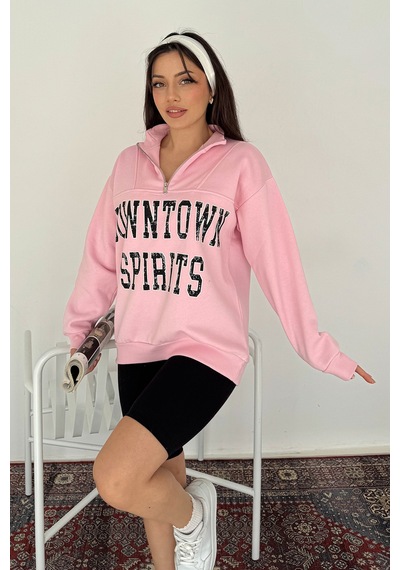 Noa & Noa Kadın Fermuarlı Baskılı Sweatshirt Downtown Energy Pembe