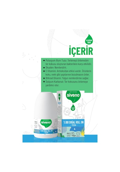 Siveno %100 Doğal Roll-On Teen Blue Genç Erkek Deodorant Ter Kokusu Önleyici Bitkisel Lekesiz Vegan 50 ML