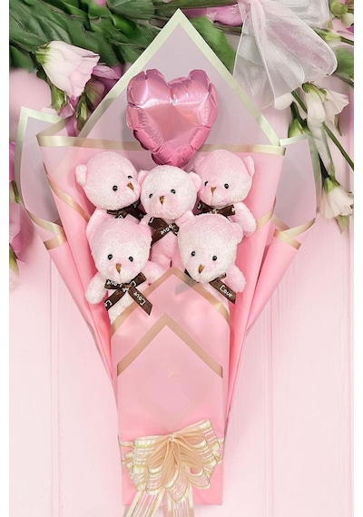 Sole Sevgiliye Led Işıklı Özel Pembe Konsept Balonlu Romantik Peluş Ayıcık Buketi