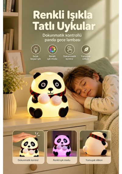 Dokunmatik Kontrollü Renkli Işık Modlu Silikon Panda Gece Lambası Beyaz