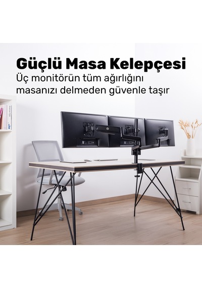 Npo Std48036e Airgrip 17"-27" Ergonomik 360 Amortisörlü Vesa Üçlü Kol Monitör Tutucu