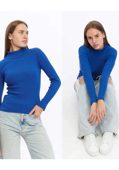 Bav Butik Ayvitrin Unisex Yarı Balıkçı Yaka Body Mavi