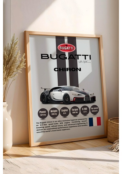 Bugatti Chiron Hiper Araba Tablosu - Teknik Özellikli Otomobil Poster - Çerçeveli Duvar Dekoru Kayın