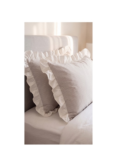 2'li Pamuklu Kumaş Beyaz Fırfırlı Çizgili Yastık Kılıfı 50x70 Cm Kahverengi - 905289691 Kahverengi