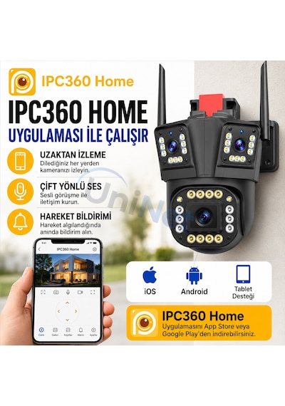Uninet 5mp Üç Kameralı Wifi Ptz Güvenlik Kamerası 355 /90 Dönebilen Kamera , Akıllı Takip, Dijital Zoom, Siren Ve Ip Dış Mekân
