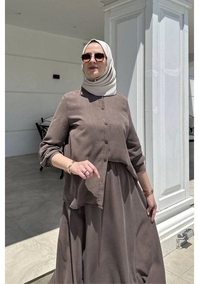 Rabia Şamlı Lavin Etekli Takım Kahve Normal Rabia Şamlı Lavin Etekli Takım Kahve Normal