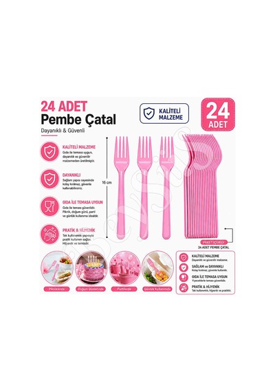 Parti Çatalı Lüks Plastik Pembe 24 Adet