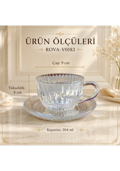 Rova Tr İridyum Cam Çay Fincanı Takımı Yuvarlak Çizgili 6 Kişilik 12 Parça Çok Renkli