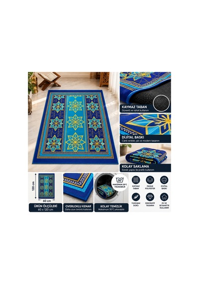 Kaymaz Tabanlı Seccade Namazlık 60x120 Cm Dijital Baskılı Yıkanabilir Lacivert Dekoratif Seccade Lacivert - 934745754 Lacivert