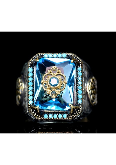 Erkekler İçin 925 Ayar Gümüş Yüzük Mavi Topaz Yapay Taşlı Gümüş
