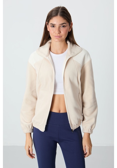 Tommy Life Bej Kalın Yumuşak Dokulu Dik Yaka Oversize Nakışlı Polar Kadın Sweatshirt - 97293 Bej