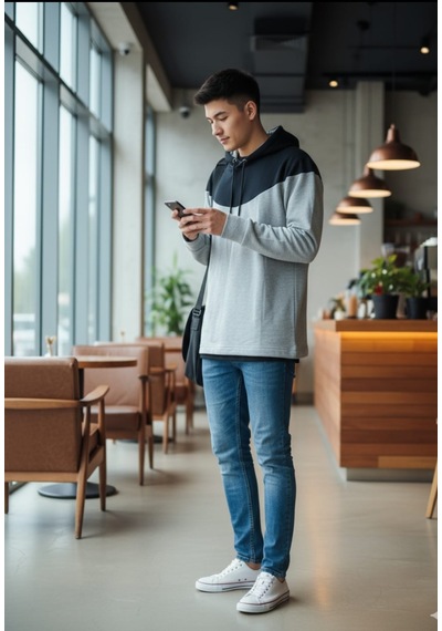 Gri Siyah Erkek Kapüşonlu Sweatshirt Gri-siyah