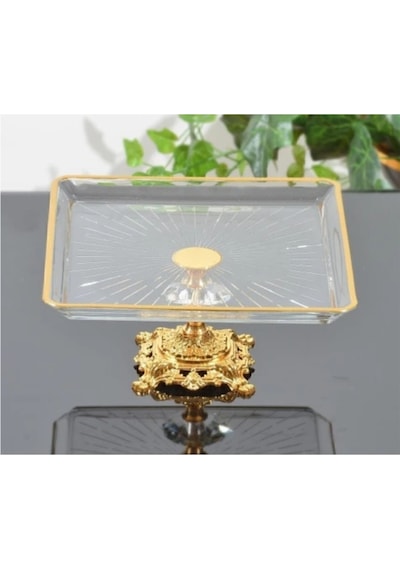 Argkristal Metal Ayaklı Gold Detaylı Paşabahçe Madlen Sunum Servis Tabağı Altın