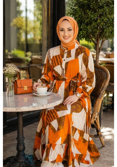Hb Harma Time Butik Kadın Kuşaklı Viskon Kumaş Tesettür Turuncu Elbise Turuncu Turuncu
