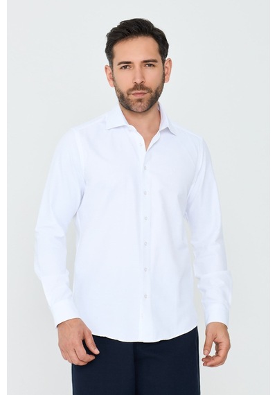 White Stone Beyaz Dokulu Dynamic Fit Erkek Uzun Kollu Gömlek Beyaz-01