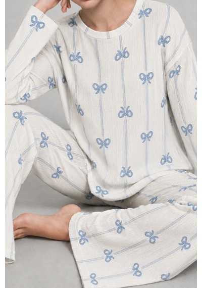 Kadın Desenli Nefes Alan Ekru Pijama Takımı 4690