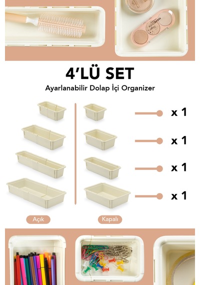 4'lü Uzayan Dolap İçi Düzenleyici - Çok Amaçlı Banyo Mutfak Ofis Çekmece İçi Organizer Set Krem