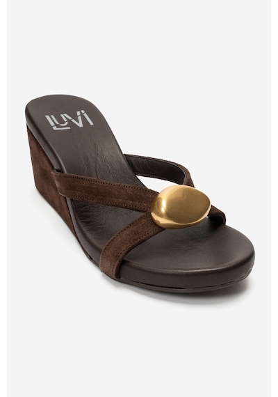 Luvi Shoes Caterına Kahverengi Süet Hakiki Deri Tokalı Kadın Dolgu Topuklu Terlik