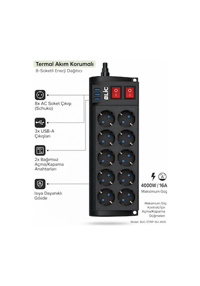 Blic Ftr-08 8 Li Akım Korumalı Priz Ve 3 Usb Girişli Çoklu Priz 2m Kablo 0.2 M