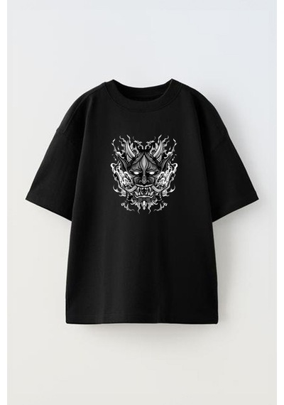 Thewert Unisex Demon Face Şeytan Tasarım Baskılı Pamuk Sıyah Oversize T-shirt Siyah