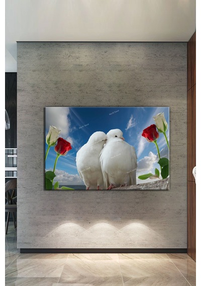 Çift Güvercin Kuşlar Ve Çiçekler Kanvas Tablo 120 x 80