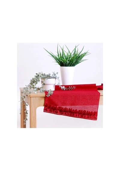 Simli Keten Runner Kırmızı Fırfırlı 45x150 Çok Renkli