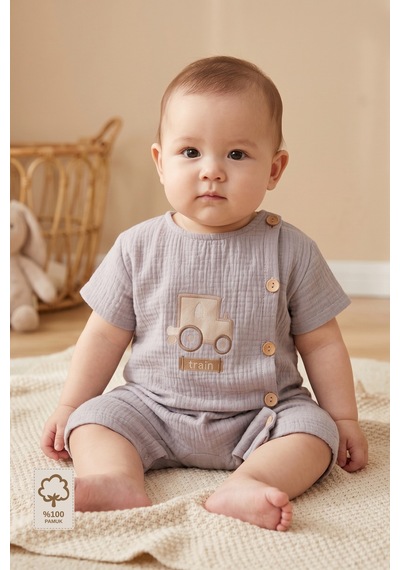 Minory Baby - %100 Pamuk Müslin Bebek Tulum Gri Gri