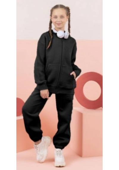 Çocuk Şardonlu Kapüşonlu Fermuarlı Sweatshirt Günlük Rahat Hırka-9647- Siyah