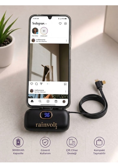 Rainvolt Mini Kapsül Powerbank Led Dijital Göstergeli & Dahili Kablolu Taşınabilir Şarj Cihazı siyah