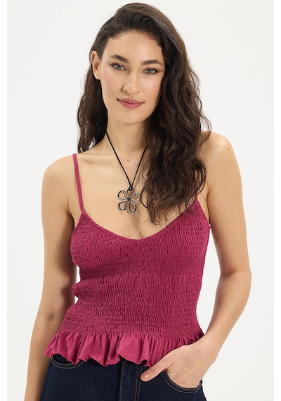 Tudors Kadın Slim Fit Dar Kesim %100 Pamuk Askılı Büzgülü V Yaka Fuşya Bluz-50368 FUŞYA